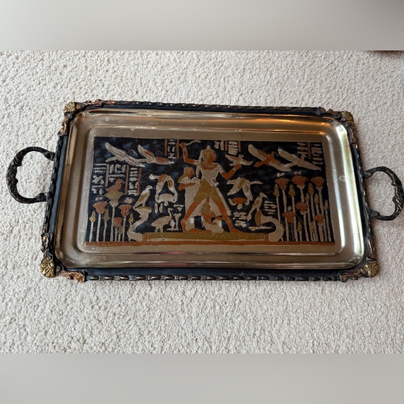 Vintage Egyptian Egypt Themed Wall Decoration Serving Plate Dish Handles Decor